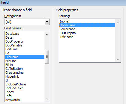 Microsoft Word automatically add filenames