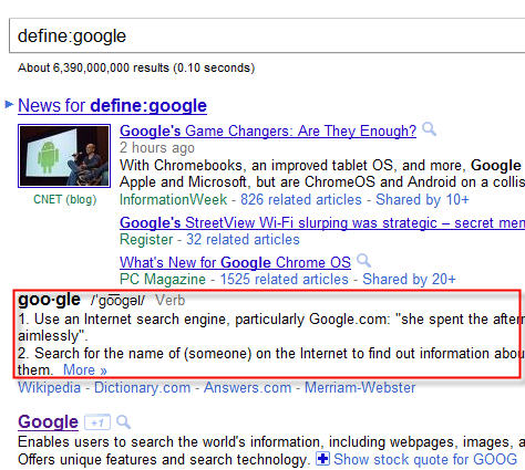 Google Define searh command now shows results on the homepage